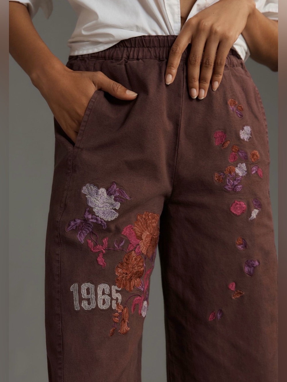 Anthropologie Wide-Leg Floral Embroidered Pants burgundy - Picture 4 of 10